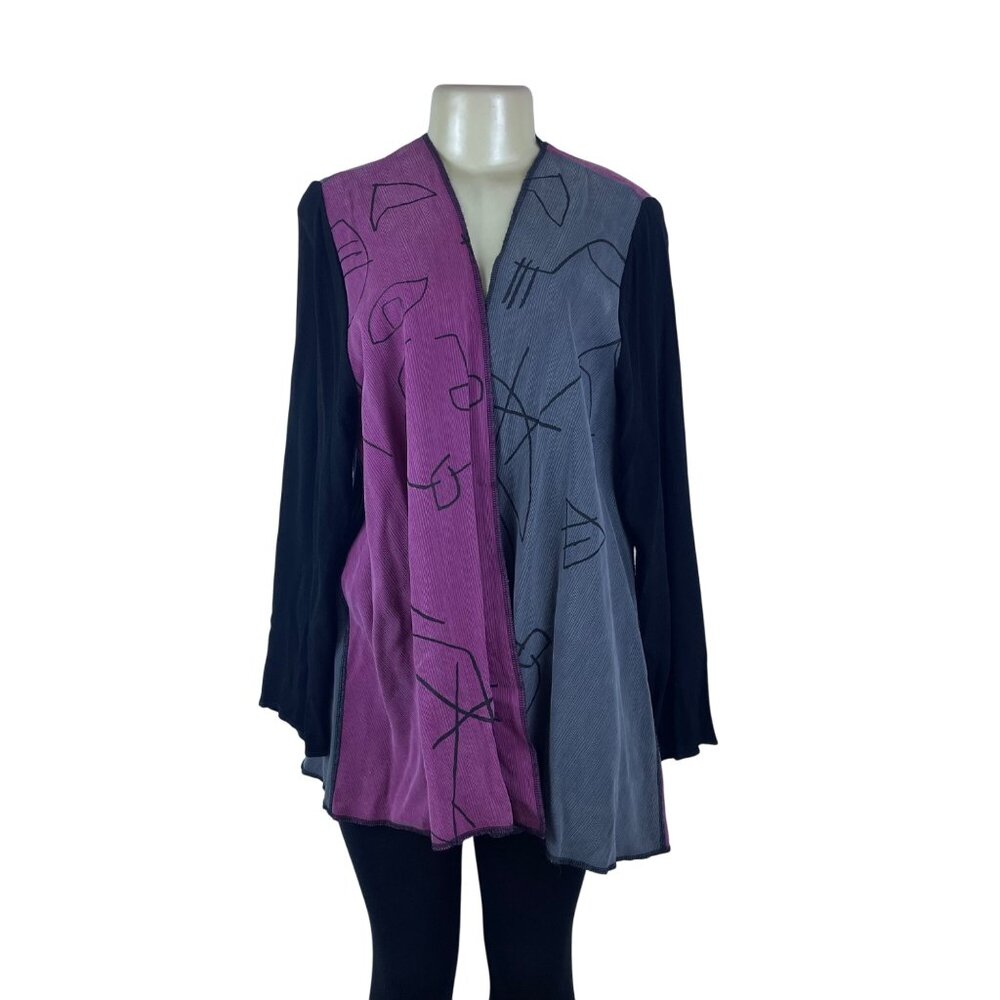 Ahni Womens Black Purple Gray Rayon Abstract Open Jacket Handmade USA Size 2